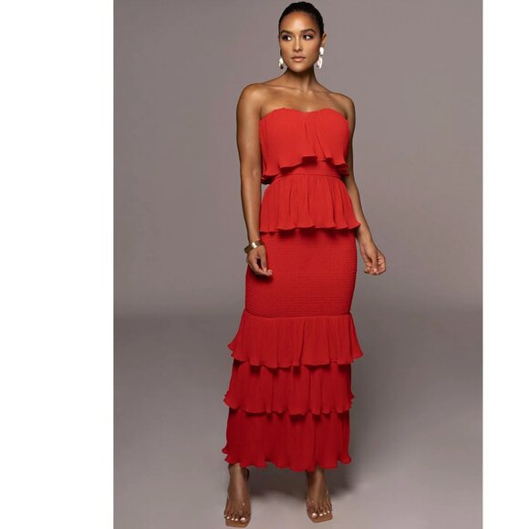 JLUXLABEL WOMEN'S CASA BLANCA RED RUFFLE DRESS SIZE LARGE - Picture 1 of 7